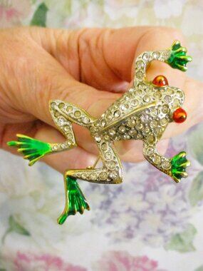 VINTAGE Rhinestone Frog Brooch: Silver Guilloche Enamel, Lucite Amphibian Pin
